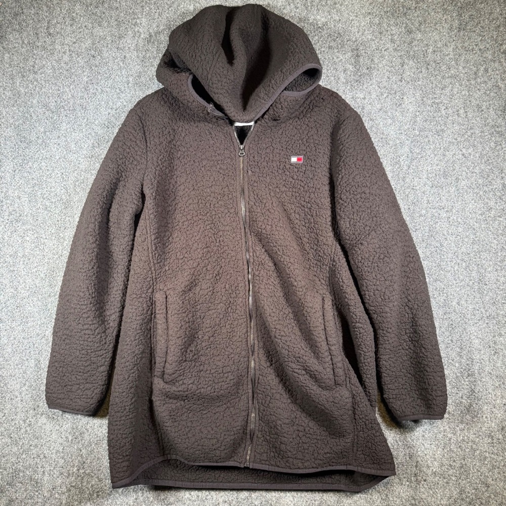 Tommy Hilfiger Sherpa Fleece Full Zip Hoodie Jacket Womens XL Black Oversized
